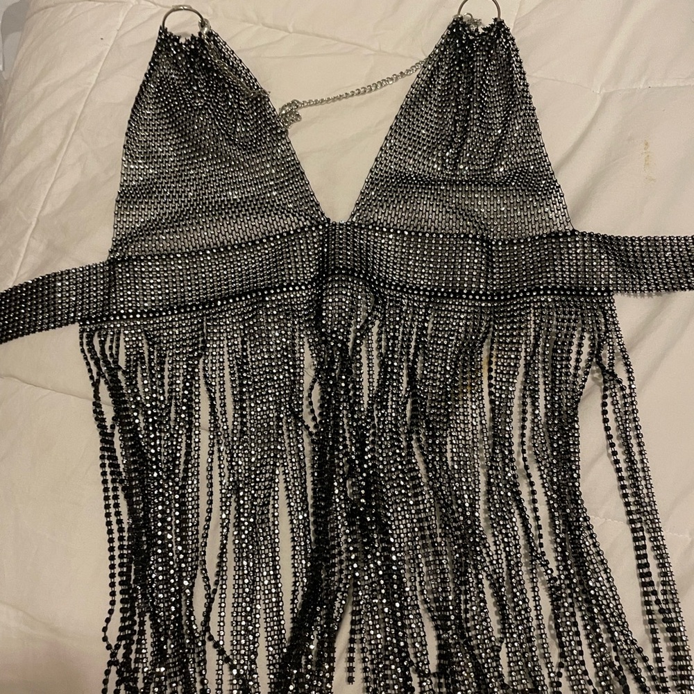 Black Rhinestone Fringe Top